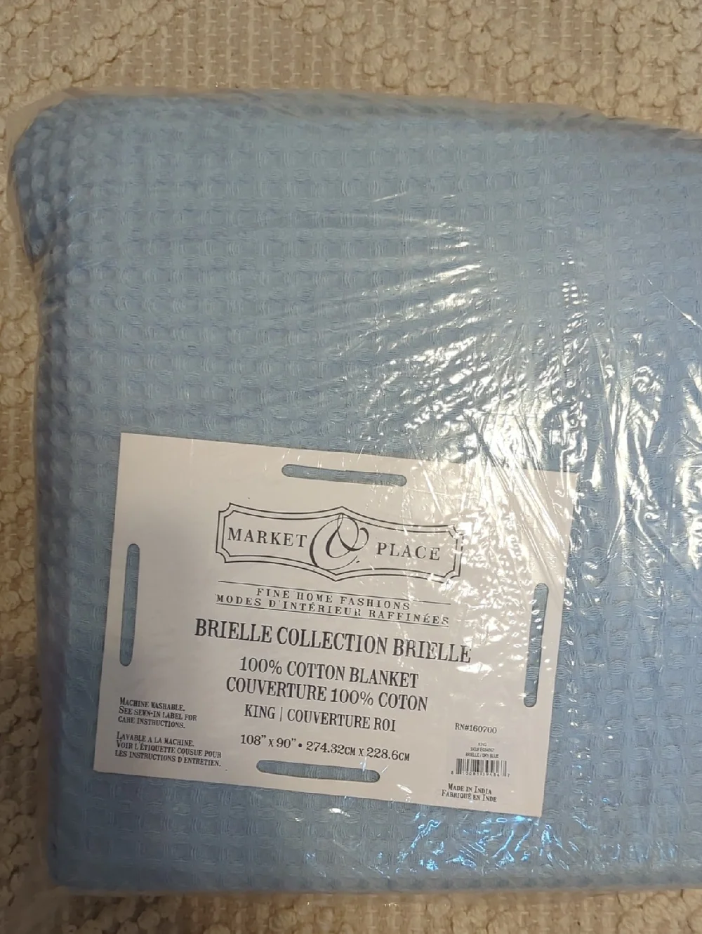 Market Place 100% Cotton Waffle Weave Blanket King Light Blue Brand New 108x90